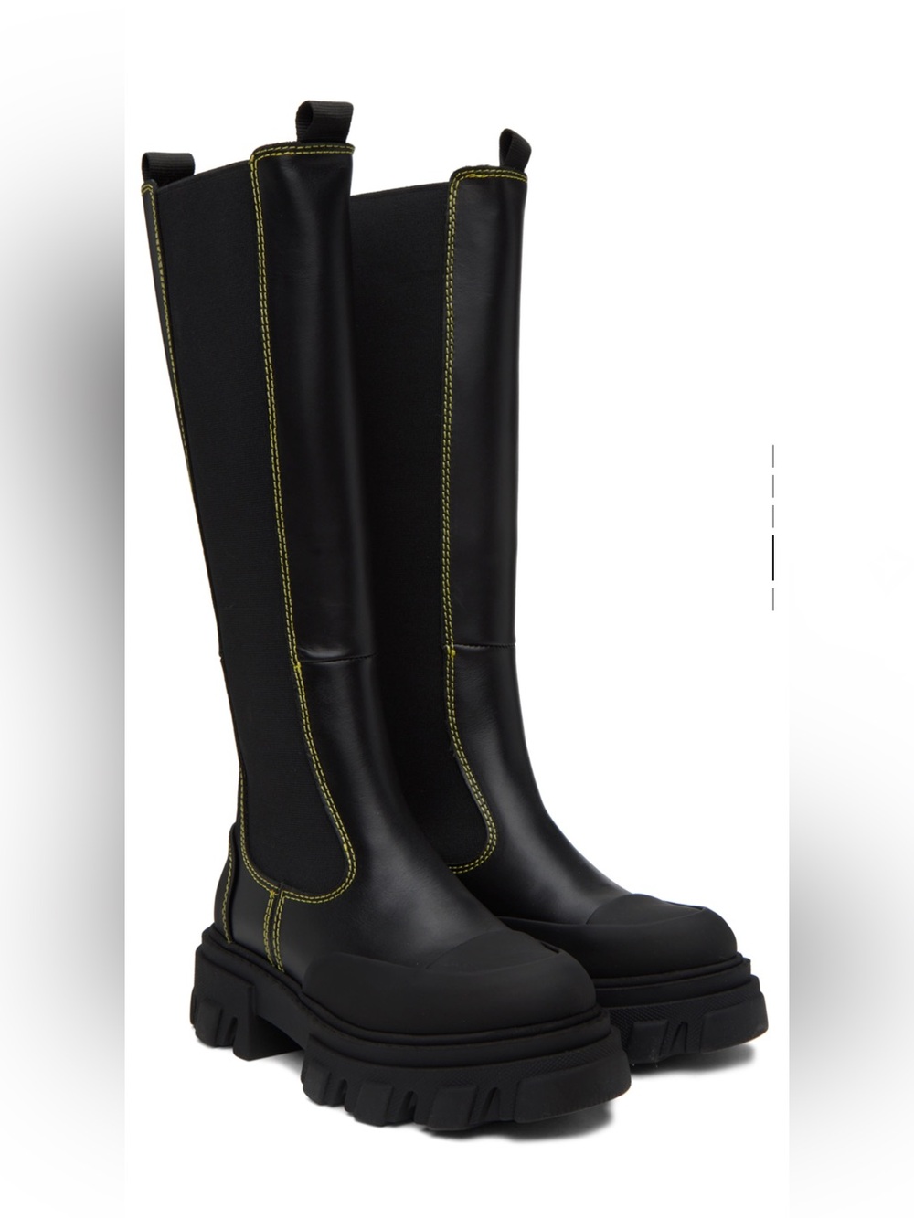 Ganni Black Knee High Platform Boots with Yellow Contrast Stitching